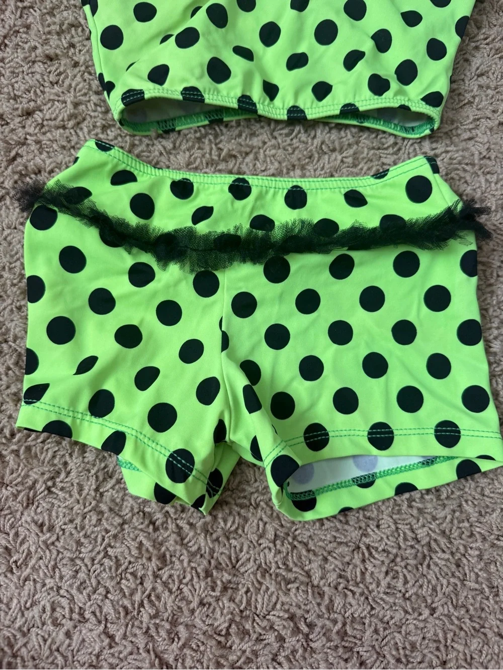 Neon Green Polka Dot Dance Set for Kids - Halter Crop Top & Shorts CM